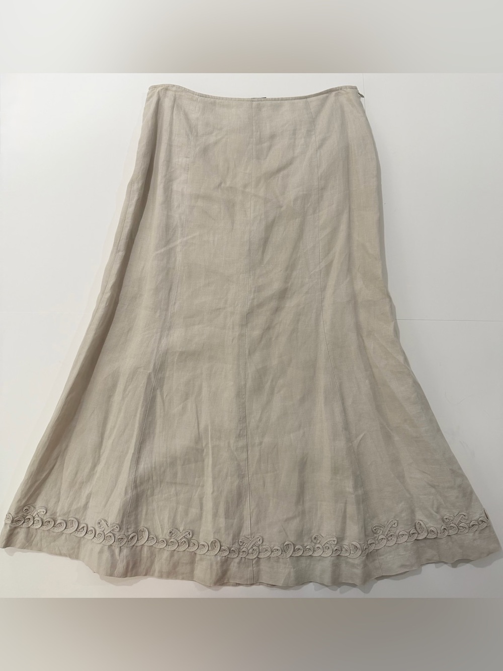Vintage 100% Linen Maxi Skirt Oatmeal Soutache Scroll Trim Size 8